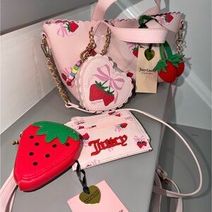 Juicy Couture Pink Strawberry Print Bucket Bag Set with Red Strawberry Pouch